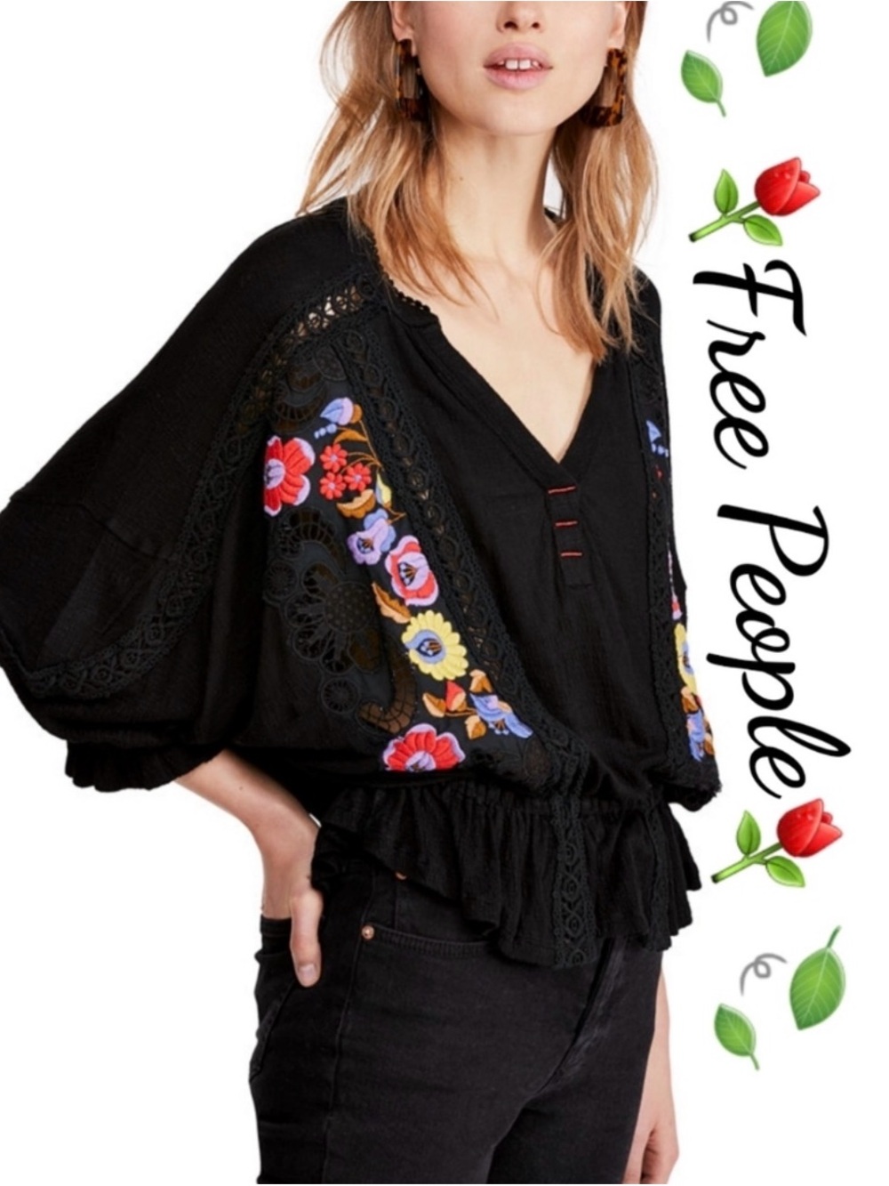Free People Serafina Black Boho Floral Embroidered Crochet V-Neck Peplum Top